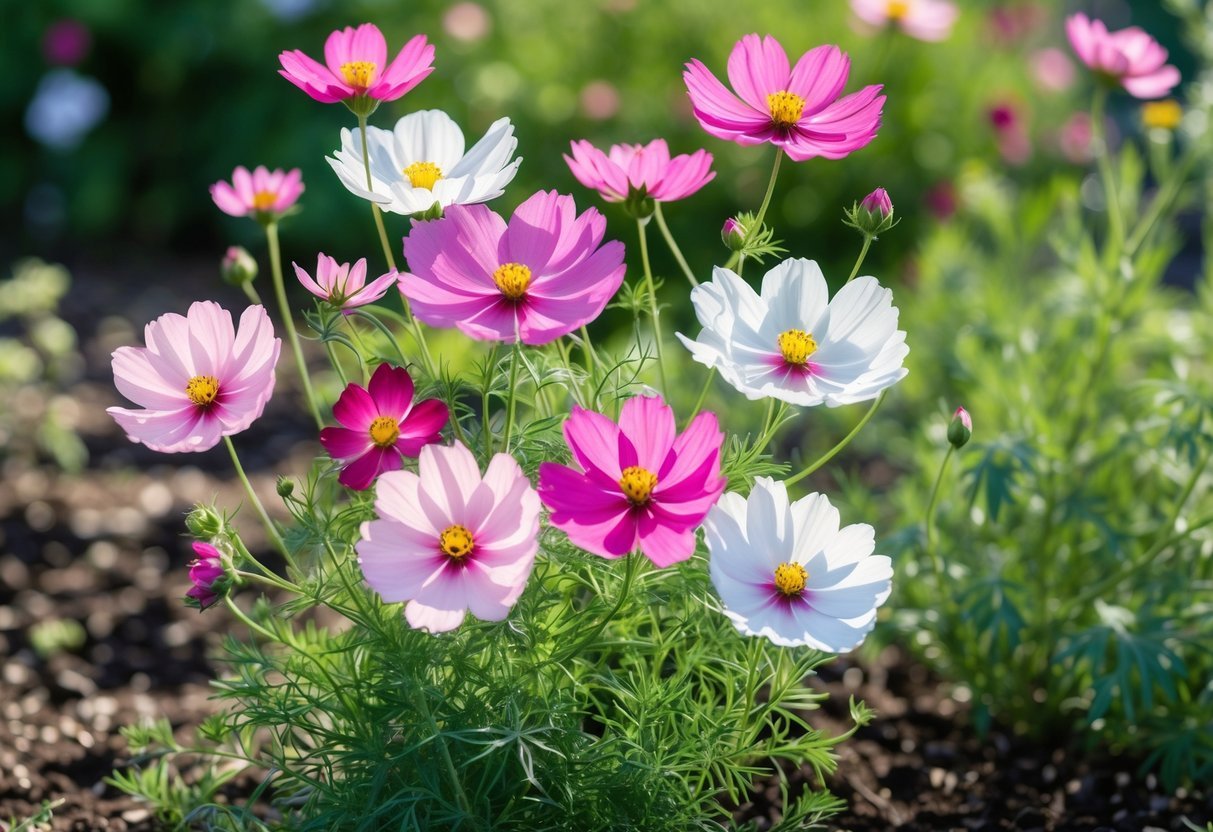 21+ Easy to Grow Flowers from Seeds: Low-Maintenance Varieties Perfect for US Gardeners 6 A cluster of blooming pink, white, and magenta cosmos flowers with green leaves in a garden.