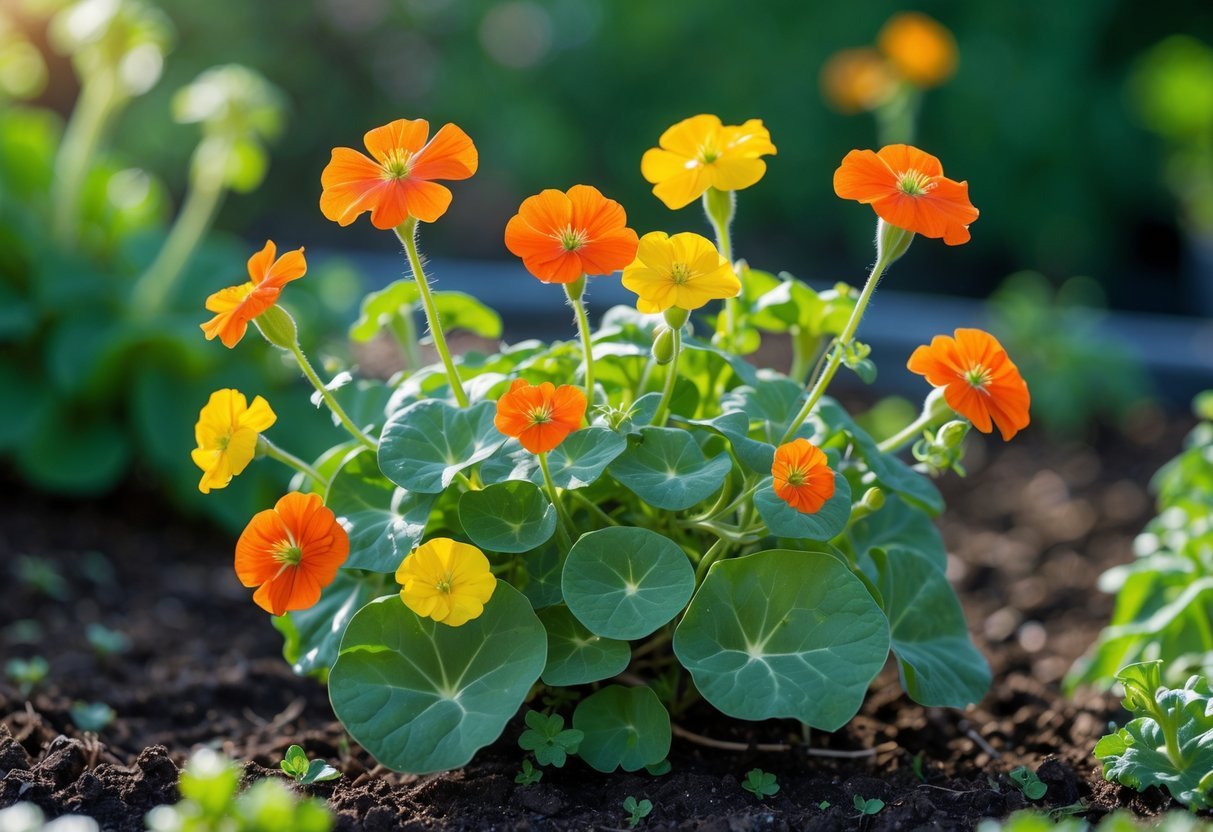 21+ Easy to Grow Flowers from Seeds: Low-Maintenance Varieties Perfect for US Gardeners 7 Bright orange and yellow nasturtium flowers with green leaves growing in a sunny garden.