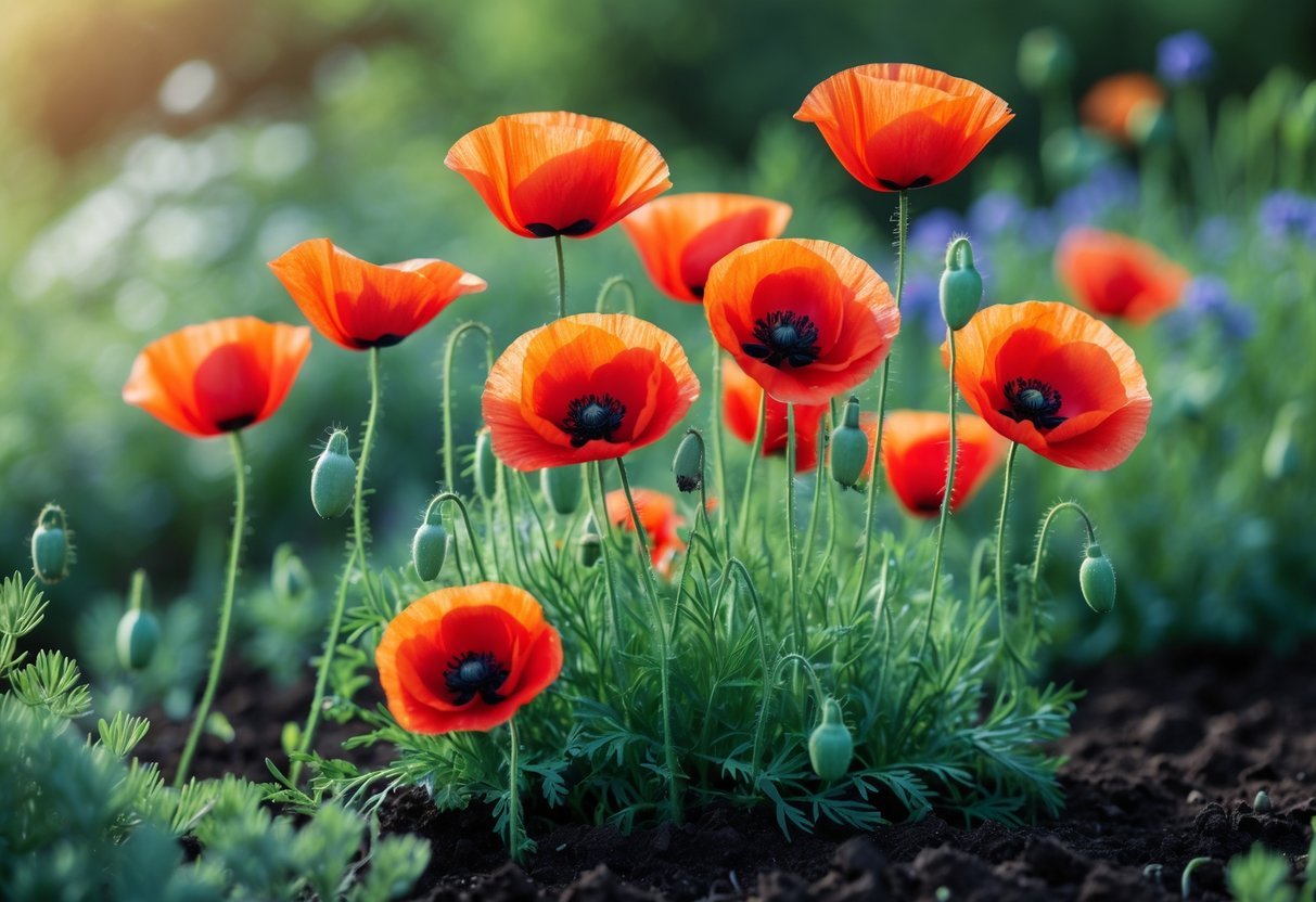 21+ Easy to Grow Flowers from Seeds: Low-Maintenance Varieties Perfect for US Gardeners 8 Bright red poppies growing in dark soil with green leaves in a garden.