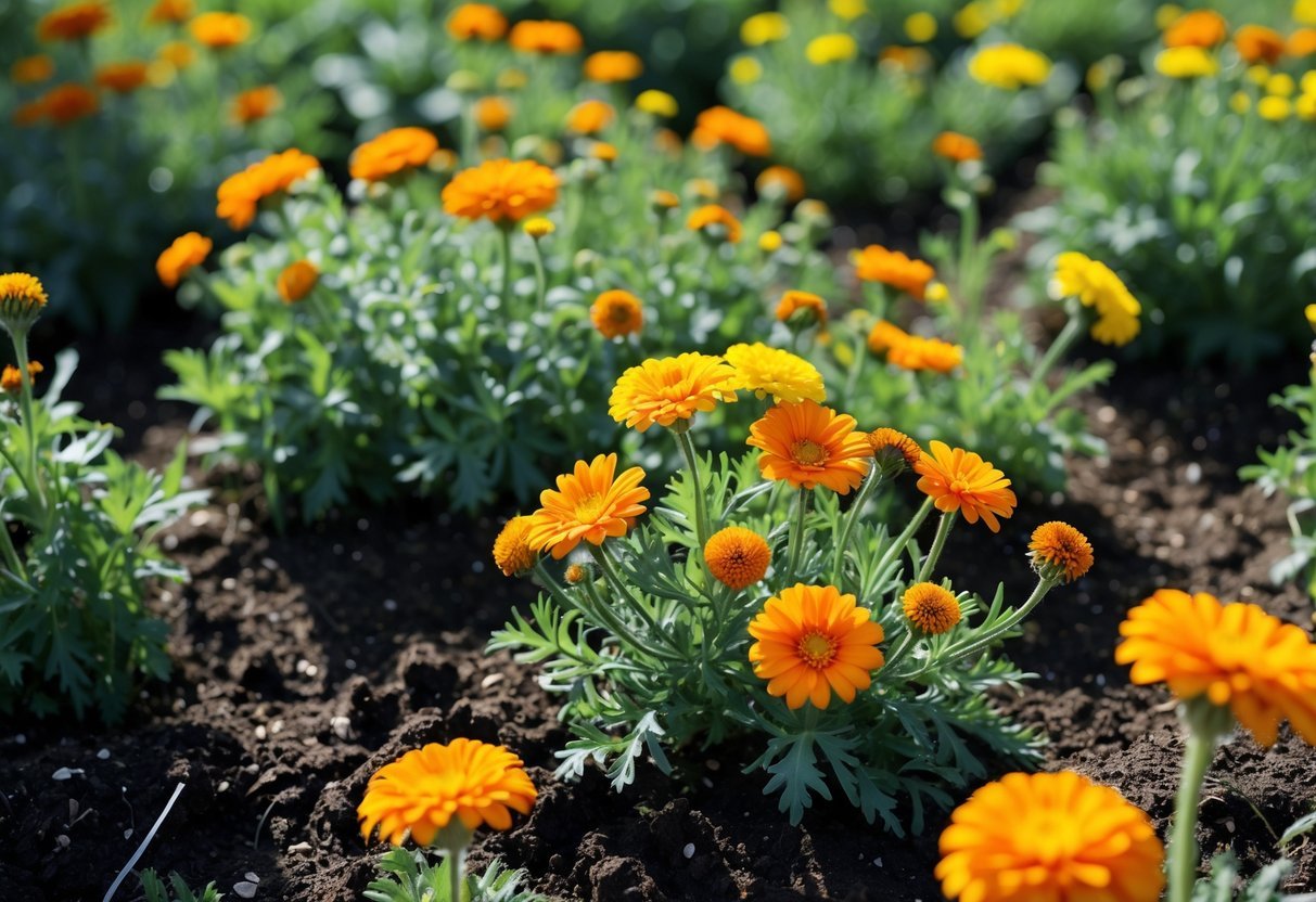 21+ Easy to Grow Flowers from Seeds: Low-Maintenance Varieties Perfect for US Gardeners 9 A garden bed with bright orange and yellow calendula flowers growing from soil under natural sunlight.