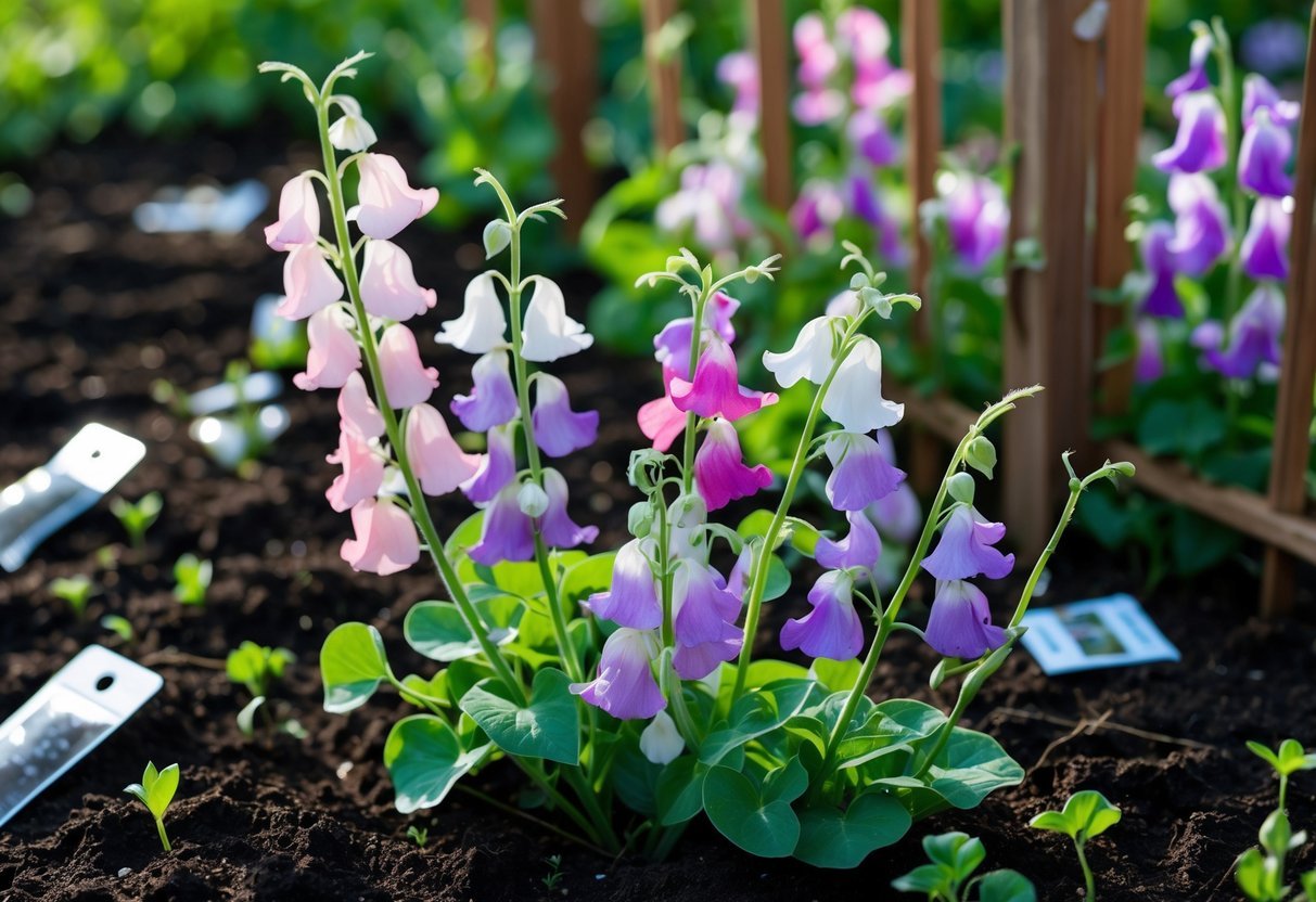 21+ Easy to Grow Flowers from Seeds: Low-Maintenance Varieties Perfect for US Gardeners 10 Clusters of colorful sweet pea flowers growing on green stems supported by a wooden trellis in a garden with soil and gardening tools nearby.