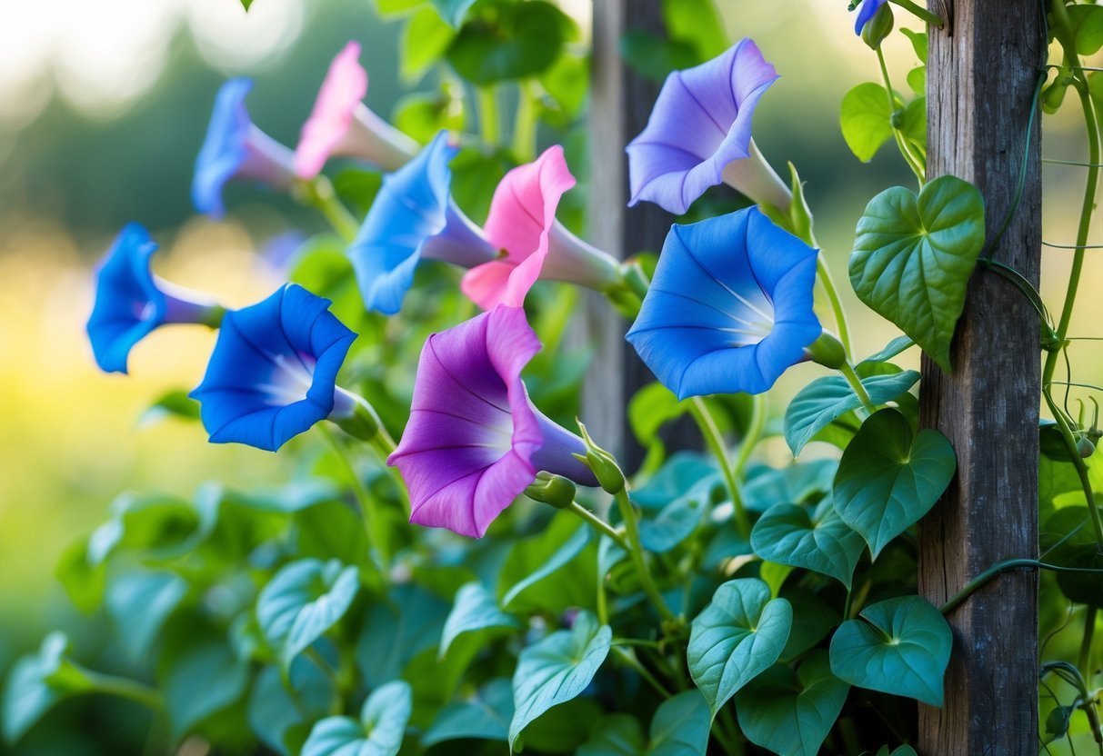 21+ Easy to Grow Flowers from Seeds: Low-Maintenance Varieties Perfect for US Gardeners 12 Ten colorful morning glory flowers blooming on green vines with heart-shaped leaves in a garden.