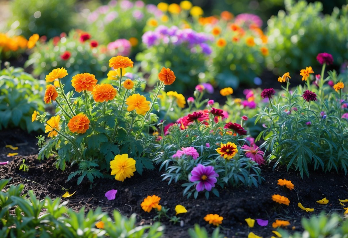21+ Annual Flowers That Reseed: Easy Varieties for Effortless US Gardens 2 A garden bed filled with colorful annual flowers in full bloom with green leaves and soil visible.