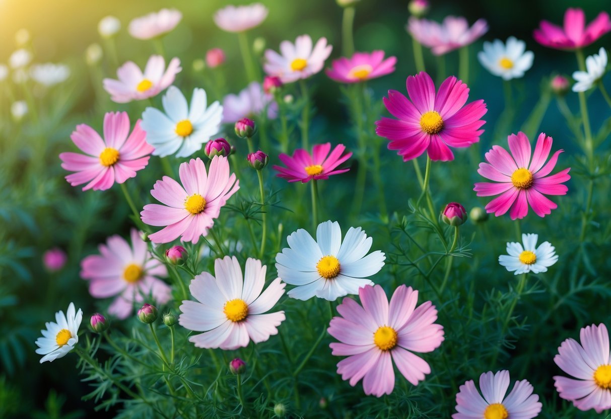 21+ Annual Flowers That Reseed: Easy Varieties for Effortless US Gardens 3 A close-up of blooming pink, white, and magenta cosmos flowers with green leaves in a garden.