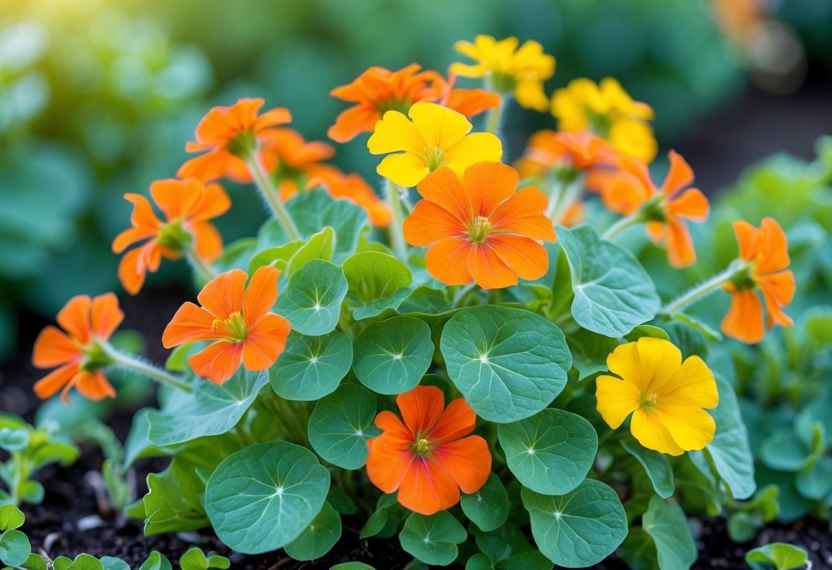 21+ Annual Flowers That Reseed: Easy Varieties for Effortless US Gardens 4 Cluster of bright orange and yellow Nasturtium flowers with green round leaves growing in a garden.