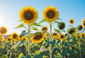 A field of bright yellow sunflowers with green stems under a clear blue sky.