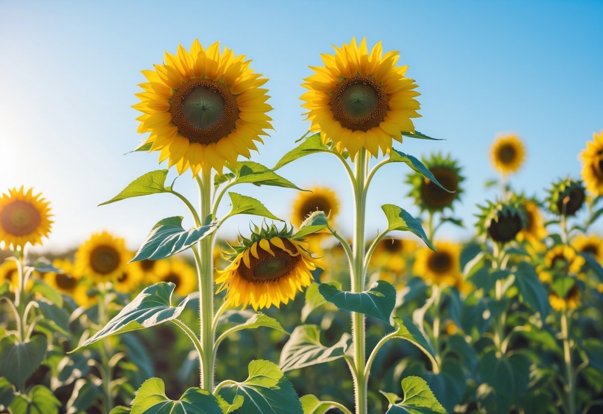 21+ Annual Flowers That Reseed: Easy Varieties for Effortless US Gardens 5 A field of bright yellow sunflowers with green stems under a clear blue sky.