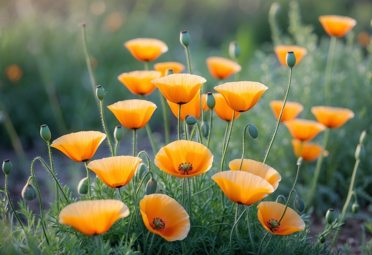 21+ Annual Flowers That Reseed: Easy Varieties for Effortless US Gardens 6 Close-up of bright orange California Poppy flowers growing in a natural outdoor setting with green leaves and seed pods.