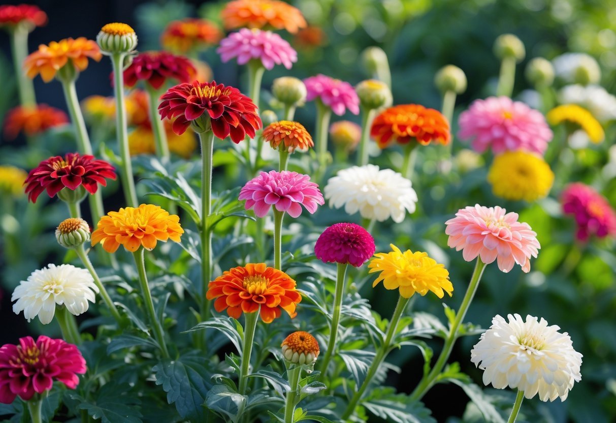 21+ Annual Flowers That Reseed: Easy Varieties for Effortless US Gardens 7 Close-up of colorful Zinnia flowers blooming in a garden with green leaves and seed heads.