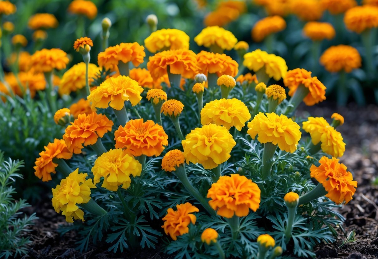 21+ Annual Flowers That Reseed: Easy Varieties for Effortless US Gardens 8 Bright orange and yellow marigold flowers blooming in a garden with green leaves.