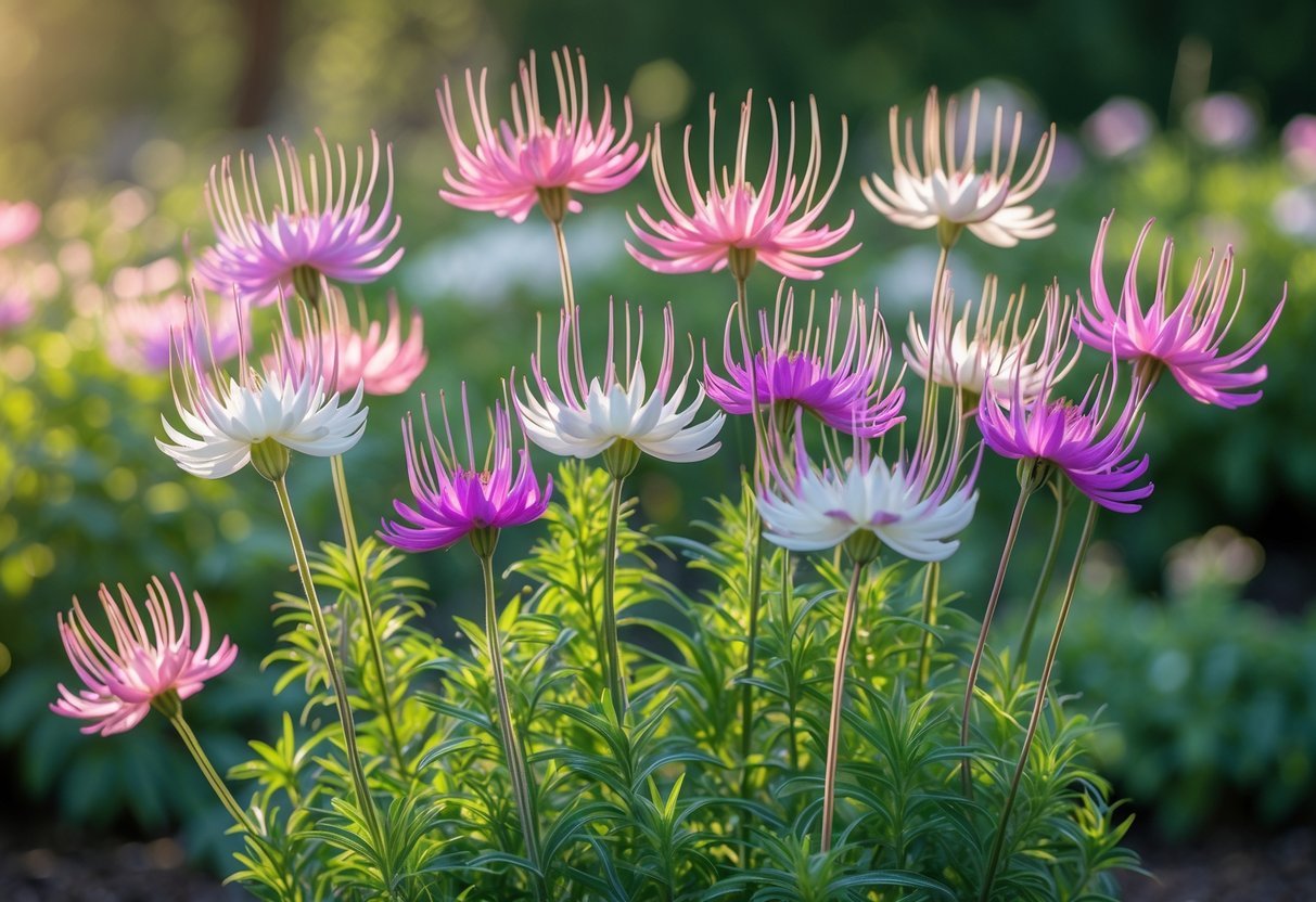 21+ Annual Flowers That Reseed: Easy Varieties for Effortless US Gardens 9 Close-up of colorful Cleome flowers with pink, white, and purple petals growing on tall green stems in a garden.