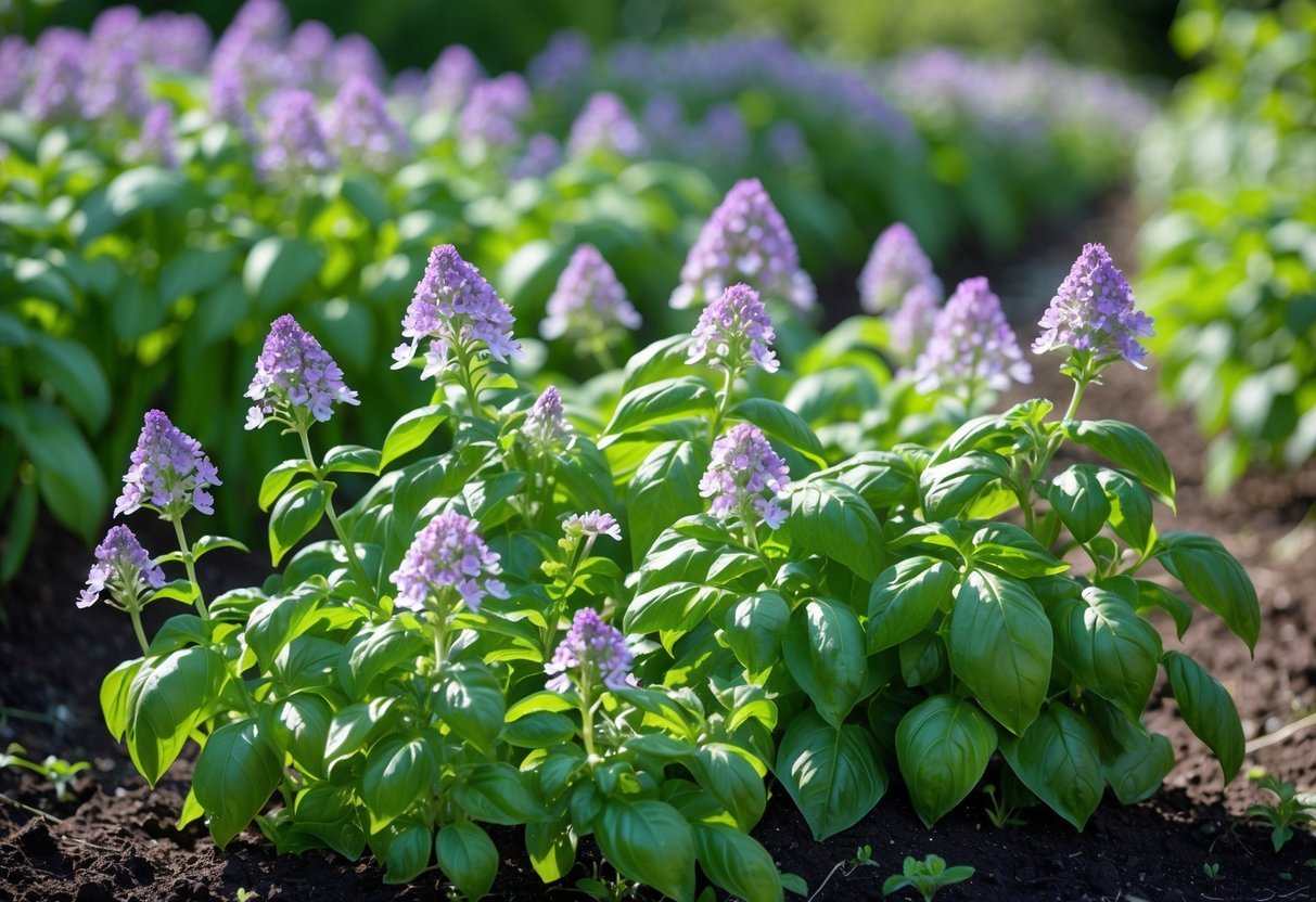 21+ Annual Flowers That Reseed: Easy Varieties for Effortless US Gardens 10 Close-up of blooming basil plants with purple and white flowers growing in a garden bed.