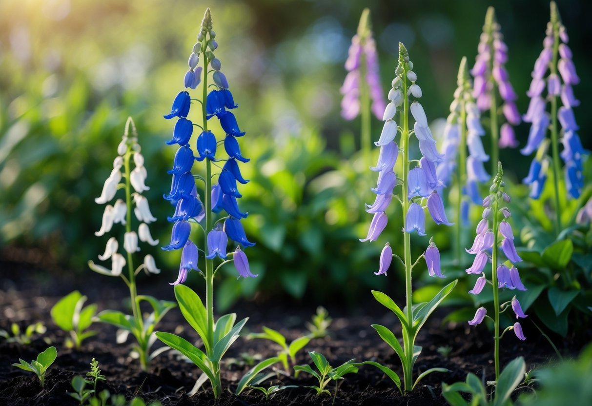 21+ Annual Flowers That Reseed: Easy Varieties for Effortless US Gardens 11 Close-up of blooming Larkspur flowers with green leaves and young seedlings growing in a garden.