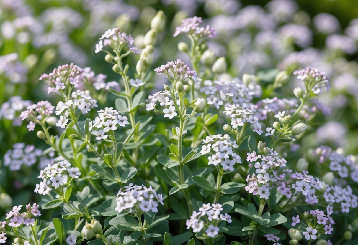 21+ Annual Flowers That Reseed: Easy Varieties for Effortless US Gardens 12 Close-up of a cluster of white and pale purple Sweet Alyssum flowers growing on green stems.