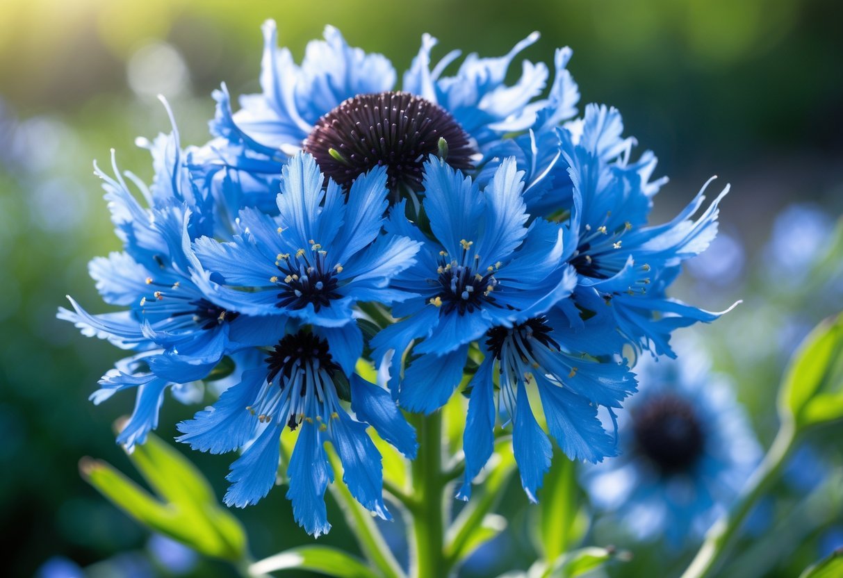 21+ Annual Flowers That Reseed: Easy Varieties for Effortless US Gardens 14 Close-up of bright blue Bachelor's Button (Cornflower) flowers blooming in a green garden.