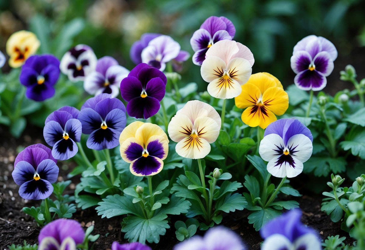 21+ Annual Flowers That Reseed: Easy Varieties for Effortless US Gardens 15 Close-up of colorful pansy flowers growing in a garden with green leaves around them.