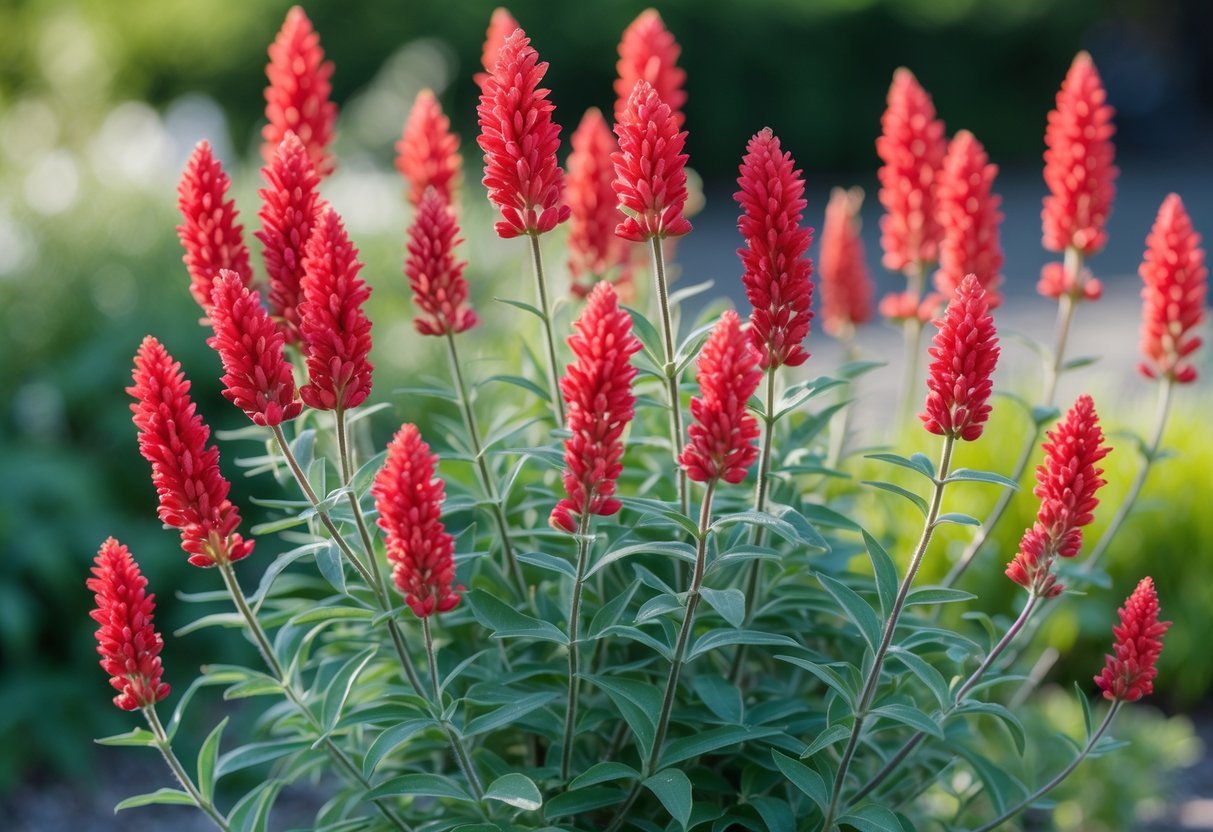 21+ Annual Flowers That Reseed: Easy Varieties for Effortless US Gardens 17 Close-up of bright red Scarlet Sage flowers with green leaves in a garden.