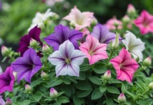 A close-up view of colorful petunia flowers blooming in a garden with green leaves around them.
