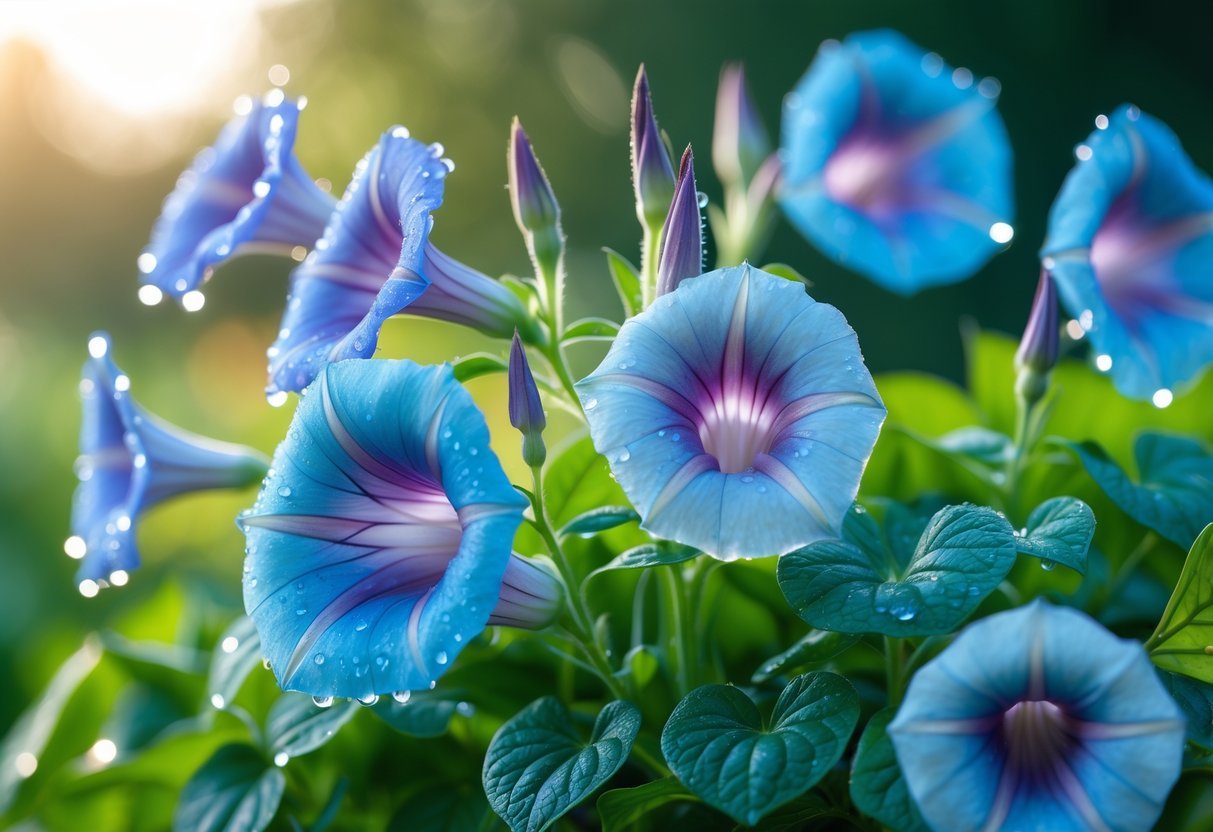 21+ Annual Flowers That Reseed: Easy Varieties for Effortless US Gardens 20 Close-up of blooming blue and purple Morning Glory flowers with green leaves in a garden during morning light.