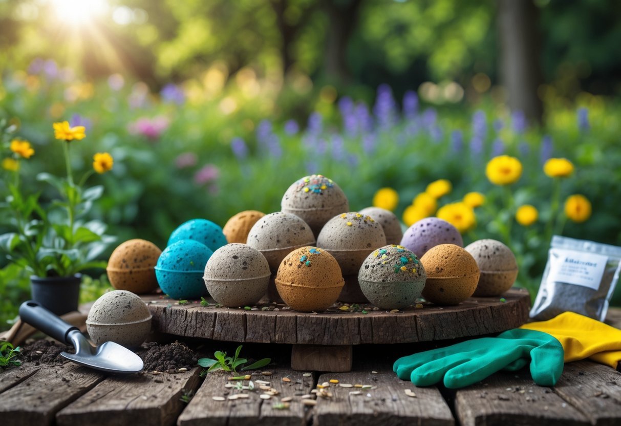 18+ Seed Bomb Garden Ideas: Easy and Effective Ways to Transform Your Yard in the US 2 A wooden table displaying natural seed bombs and gardening tools with a blooming garden in the background.