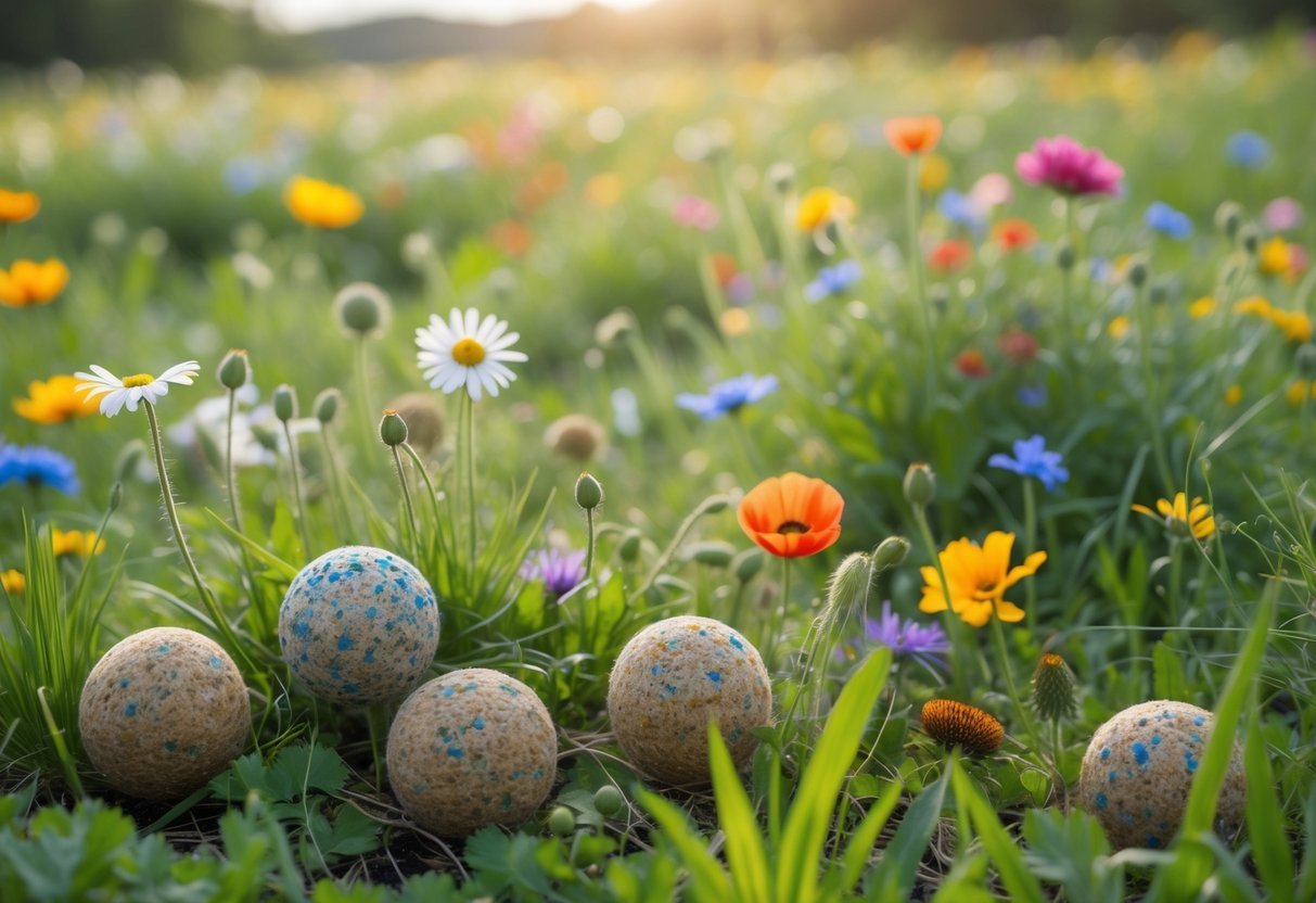18+ Seed Bomb Garden Ideas: Easy and Effective Ways to Transform Your Yard in the US 3 A meadow with colorful wildflowers and round seed bombs scattered on green grass under soft sunlight.