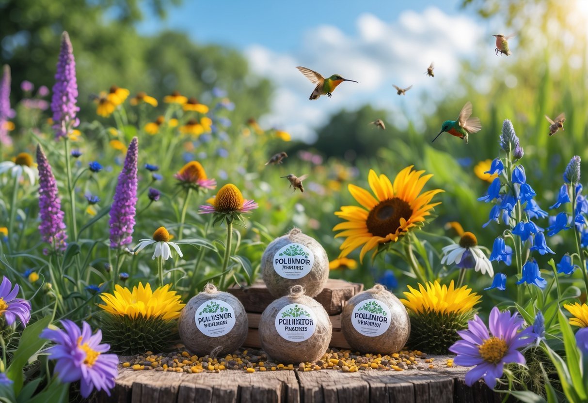 18+ Seed Bomb Garden Ideas: Easy and Effective Ways to Transform Your Yard in the US 4 A garden with colorful wildflowers and native plants attracting bees, butterflies, and hummingbirds, with seed bombs arranged on a wooden surface nearby.