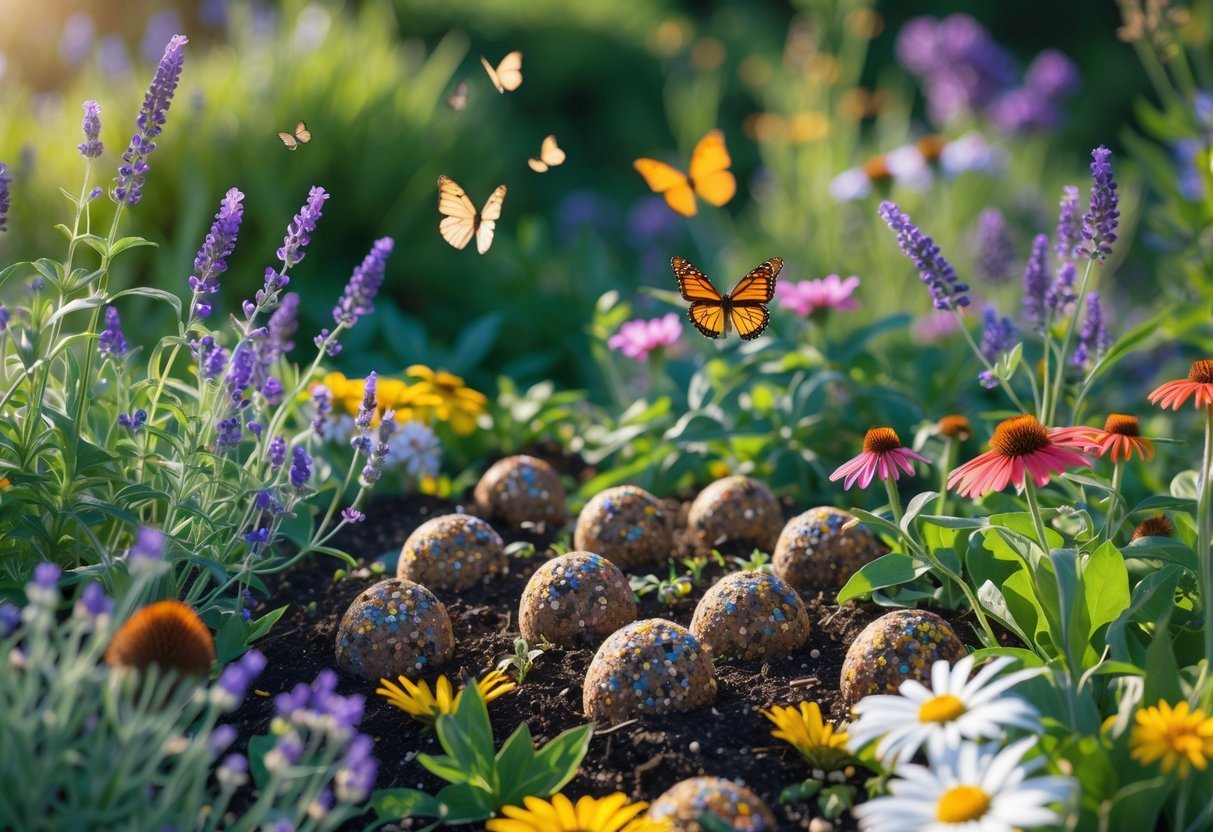 18+ Seed Bomb Garden Ideas: Easy and Effective Ways to Transform Your Yard in the US 5 A butterfly garden with colorful seed bombs among blooming wildflowers and butterflies fluttering around.