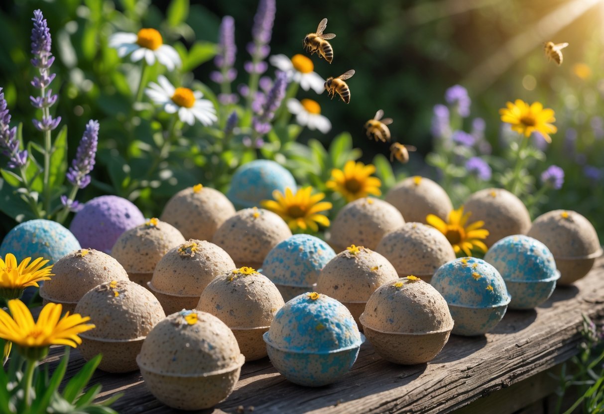 18+ Seed Bomb Garden Ideas: Easy and Effective Ways to Transform Your Yard in the US 6 Close-up of colorful flower seed bombs surrounded by blooming bee-friendly flowers with bees pollinating in a garden.