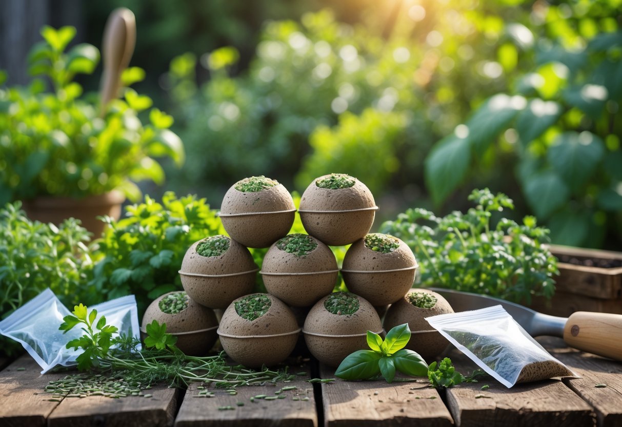 18+ Seed Bomb Garden Ideas: Easy and Effective Ways to Transform Your Yard in the US 7 A garden scene showing edible herb seed bombs on a wooden table with fresh herbs and gardening tools nearby.