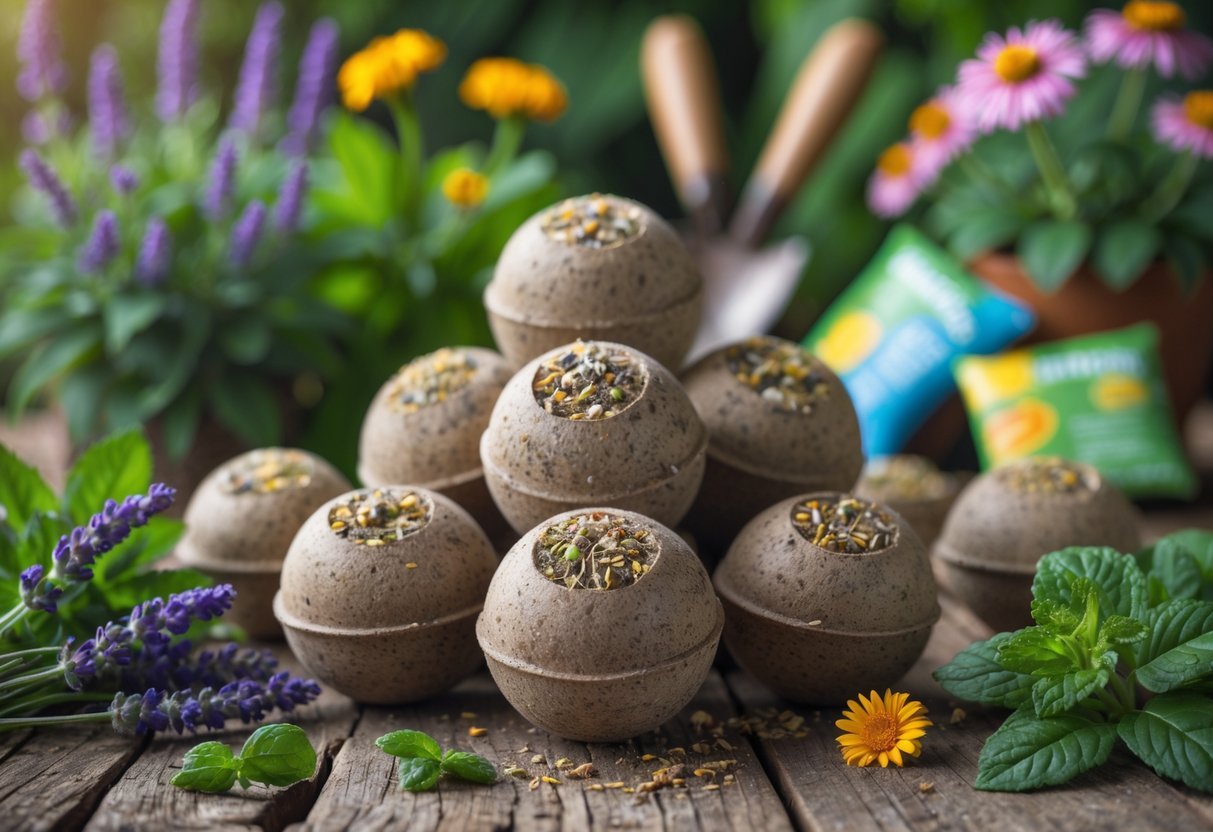 18+ Seed Bomb Garden Ideas: Easy and Effective Ways to Transform Your Yard in the US 8 Seed bombs made from soil and medicinal plant seeds arranged on a wooden surface with fresh herbs and flowers around them.