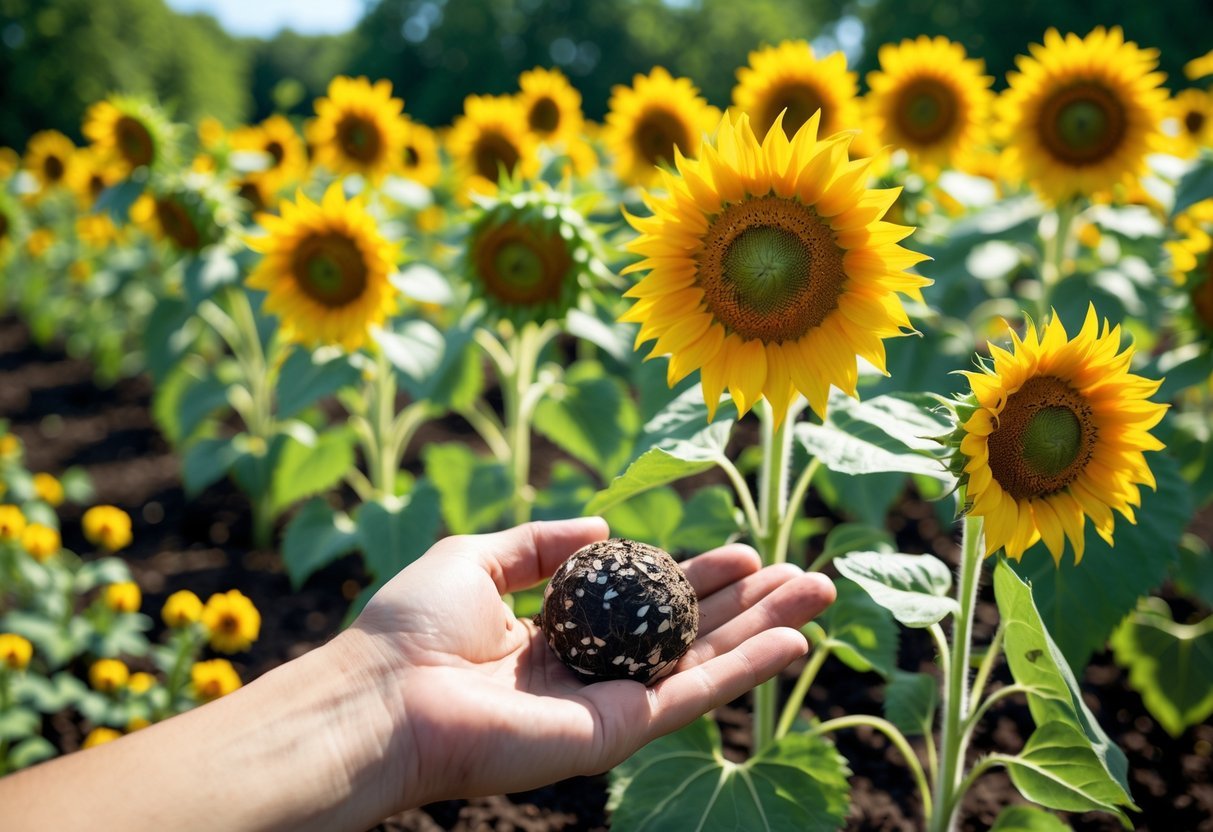 18+ Seed Bomb Garden Ideas: Easy and Effective Ways to Transform Your Yard in the US 9 A hand holding a seed bomb in front of a blooming sunflower patch in a garden.