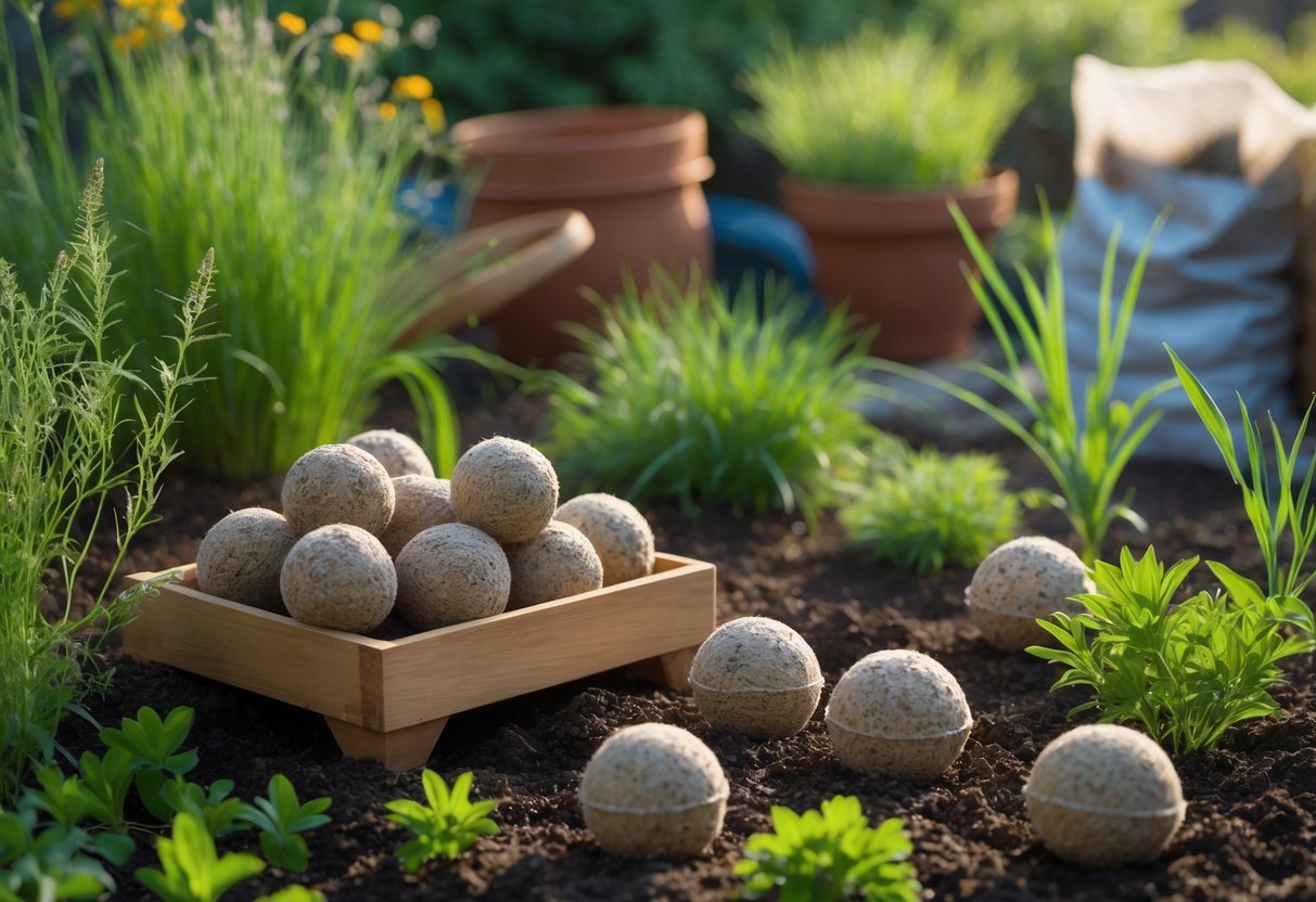 18+ Seed Bomb Garden Ideas: Easy and Effective Ways to Transform Your Yard in the US 10 Seed bombs made from natural materials arranged on soil and a wooden tray, surrounded by native plants and gardening tools in a garden.