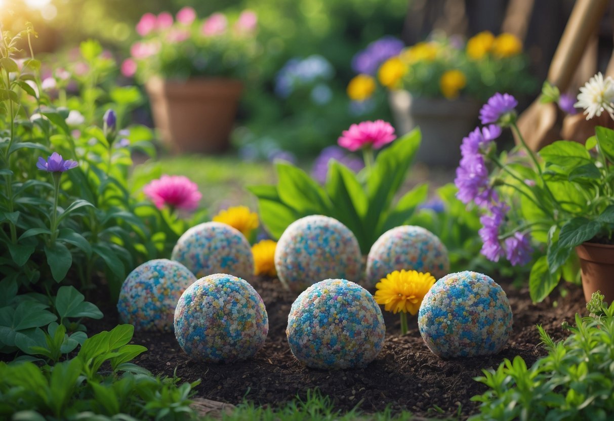 18+ Seed Bomb Garden Ideas: Easy and Effective Ways to Transform Your Yard in the US 11 A close-up view of colorful seed bombs arranged among green plants and blooming flowers in a garden.