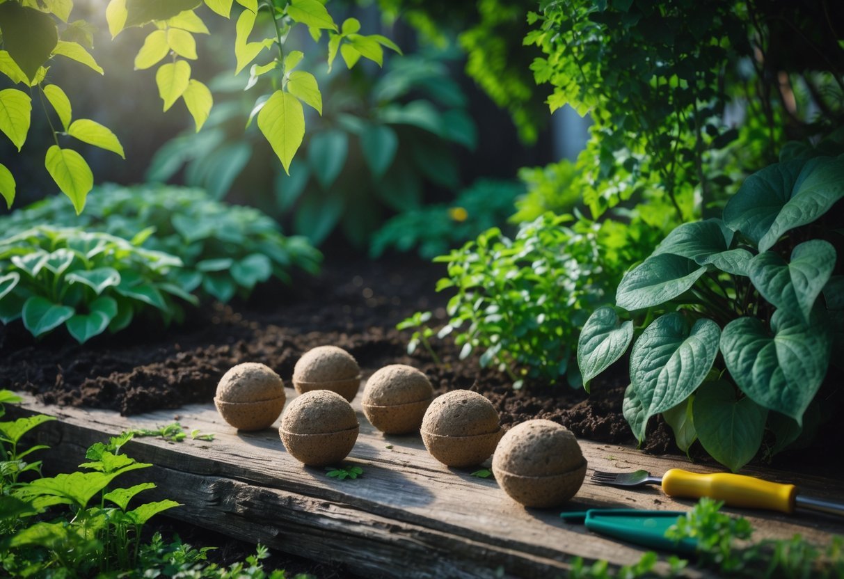18+ Seed Bomb Garden Ideas: Easy and Effective Ways to Transform Your Yard in the US 12 Seed bombs for shade-loving plants arranged on a wooden surface surrounded by green foliage in a shaded garden.