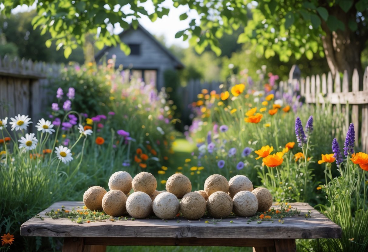 18+ Seed Bomb Garden Ideas: Easy and Effective Ways to Transform Your Yard in the US 13 A rustic wooden table with seed bombs surrounded by blooming wildflowers in a colorful cottage garden with a wooden fence and garden shed in the background.