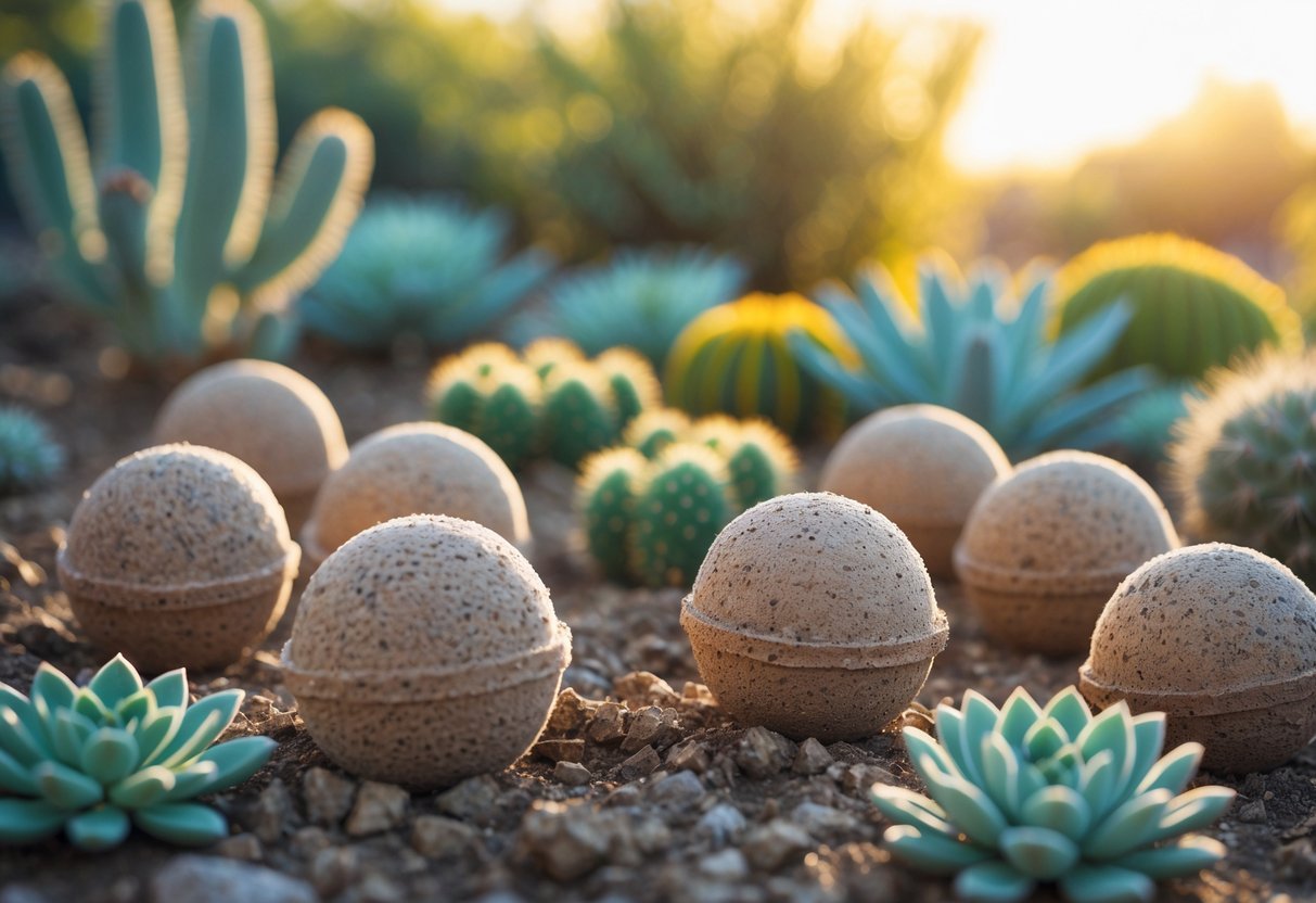 18+ Seed Bomb Garden Ideas: Easy and Effective Ways to Transform Your Yard in the US 14 Seed bombs placed on dry soil surrounded by drought-tolerant plants like succulents and cacti in a sunlit garden.