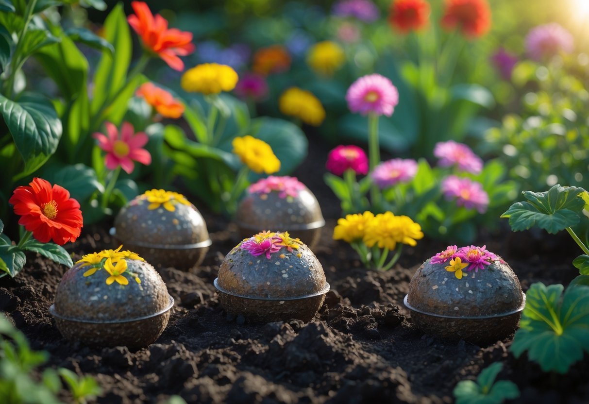 18+ Seed Bomb Garden Ideas: Easy and Effective Ways to Transform Your Yard in the US 15 Close-up of colorful flower seed bombs placed on soil in a garden with blooming flowers and green plants around them.