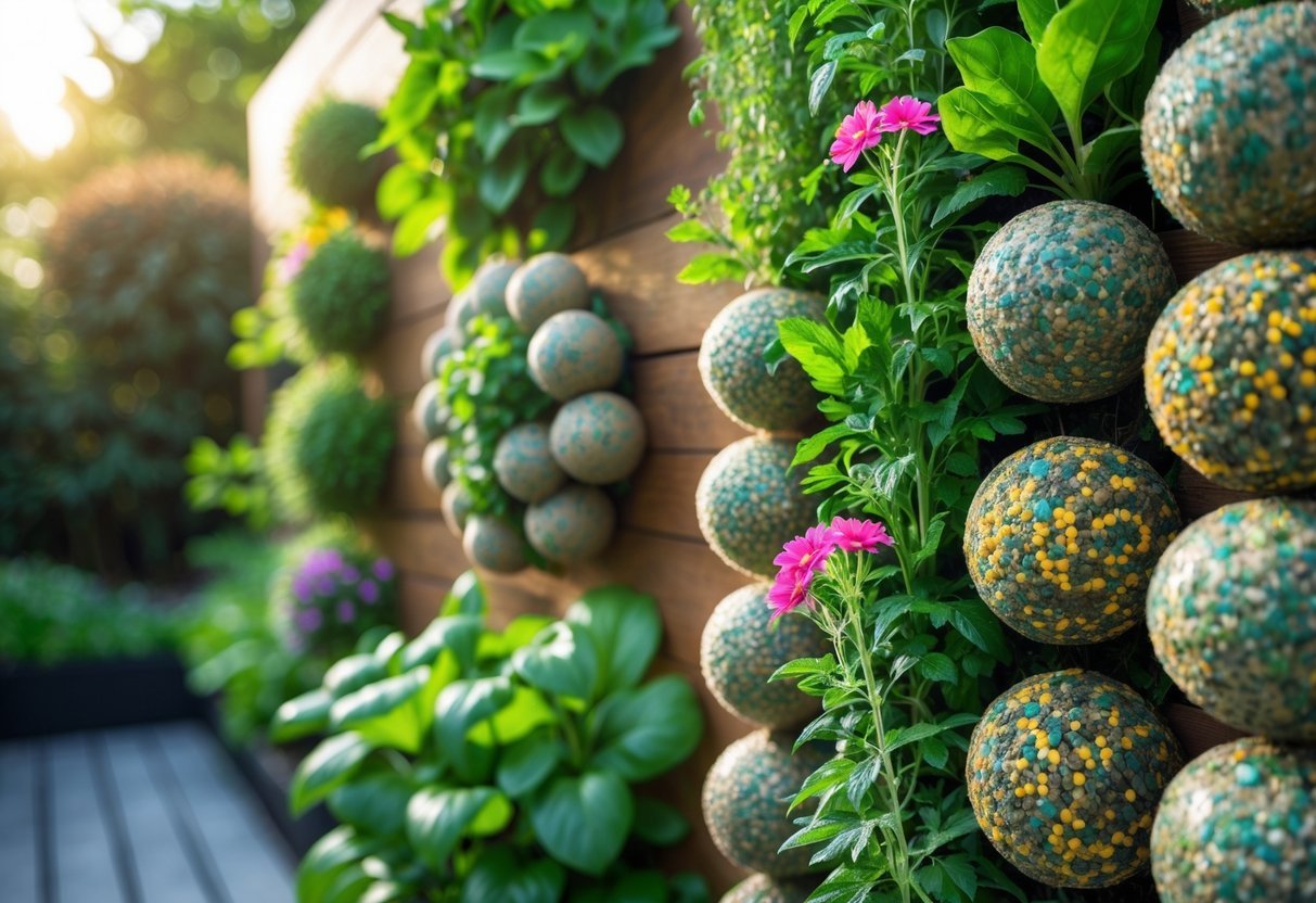 18+ Seed Bomb Garden Ideas: Easy and Effective Ways to Transform Your Yard in the US 16 A vertical garden with green plants and colorful seed bombs attached to a wooden wall in an outdoor garden.