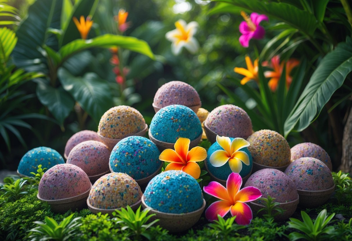 18+ Seed Bomb Garden Ideas: Easy and Effective Ways to Transform Your Yard in the US 17 A collection of colorful tropical flower seed bombs arranged in a garden surrounded by green foliage and tropical plants.