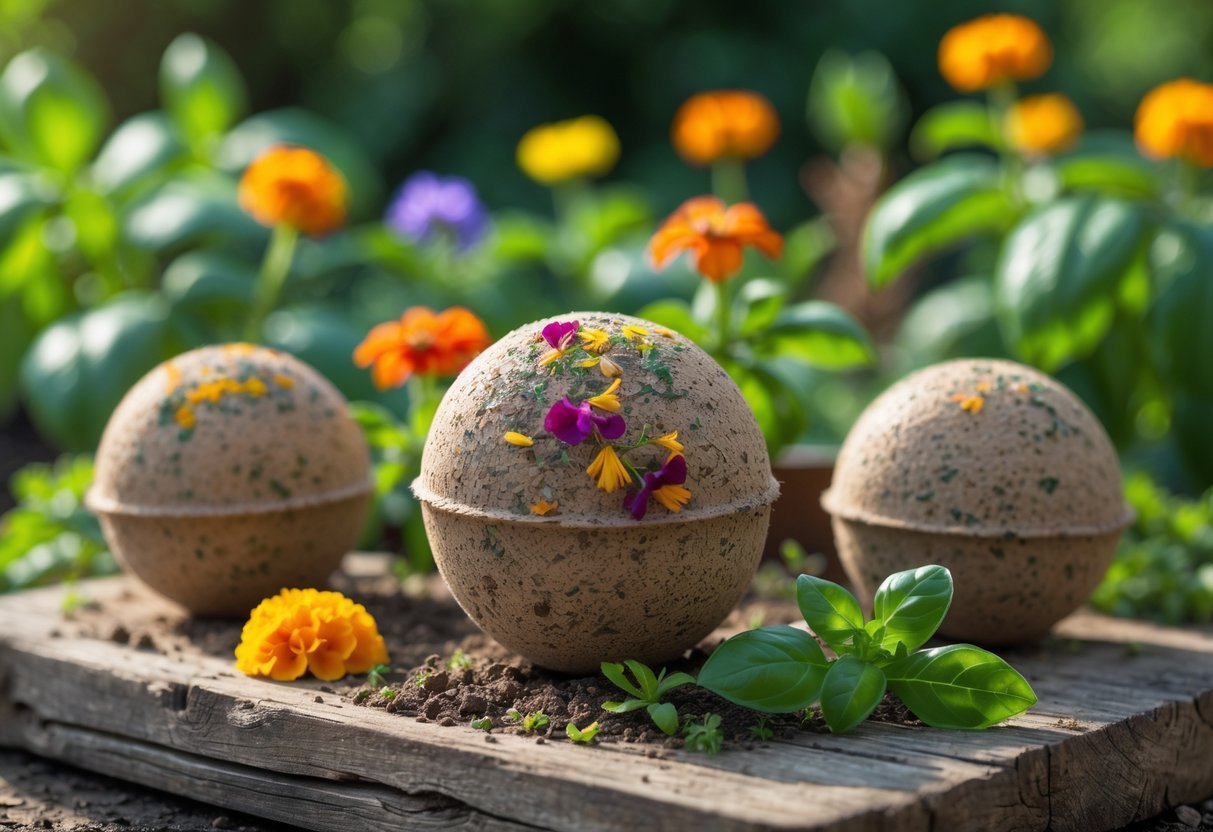 18+ Seed Bomb Garden Ideas: Easy and Effective Ways to Transform Your Yard in the US 18 Close-up of colorful seed bombs with embedded flower petals and herbs placed on a wooden surface, surrounded by green leaves and small flowering plants in a garden.