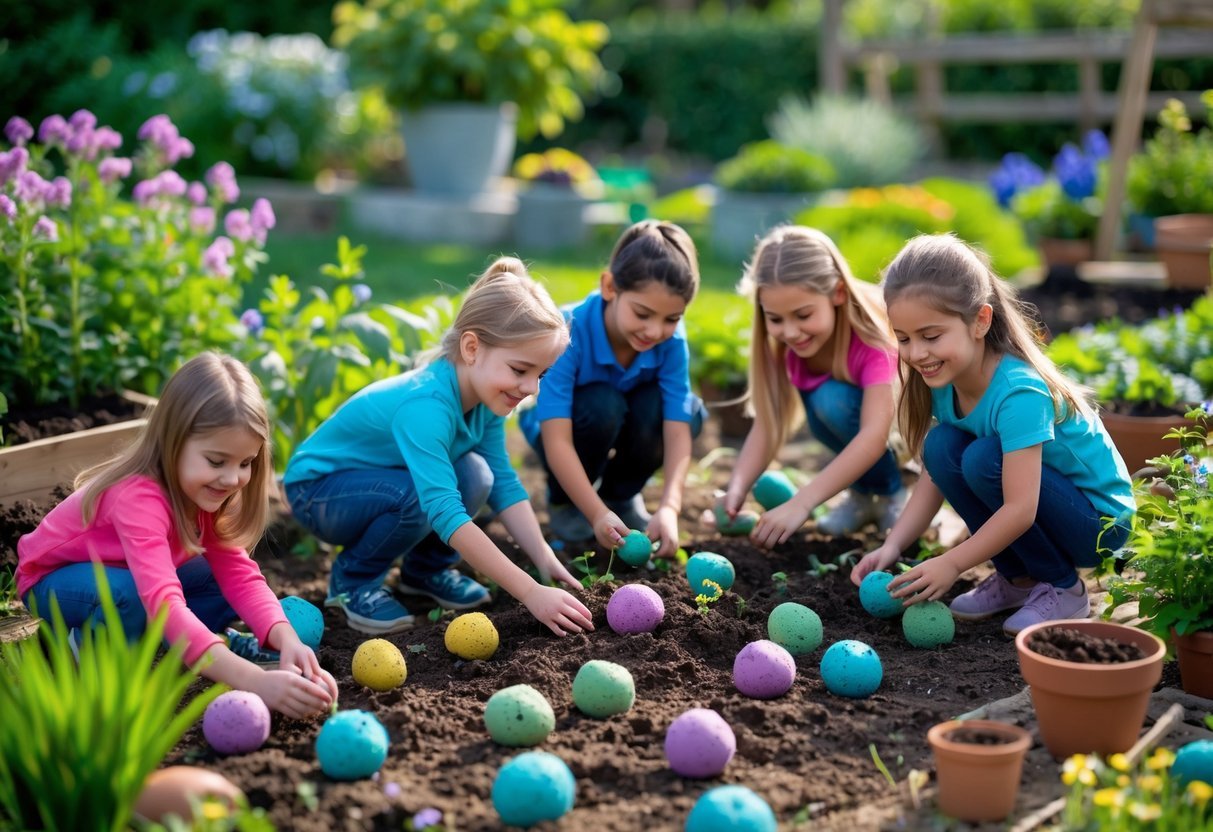 18+ Seed Bomb Garden Ideas: Easy and Effective Ways to Transform Your Yard in the US 19 Children making and planting seed bombs in a colorful garden filled with flowers and plants.