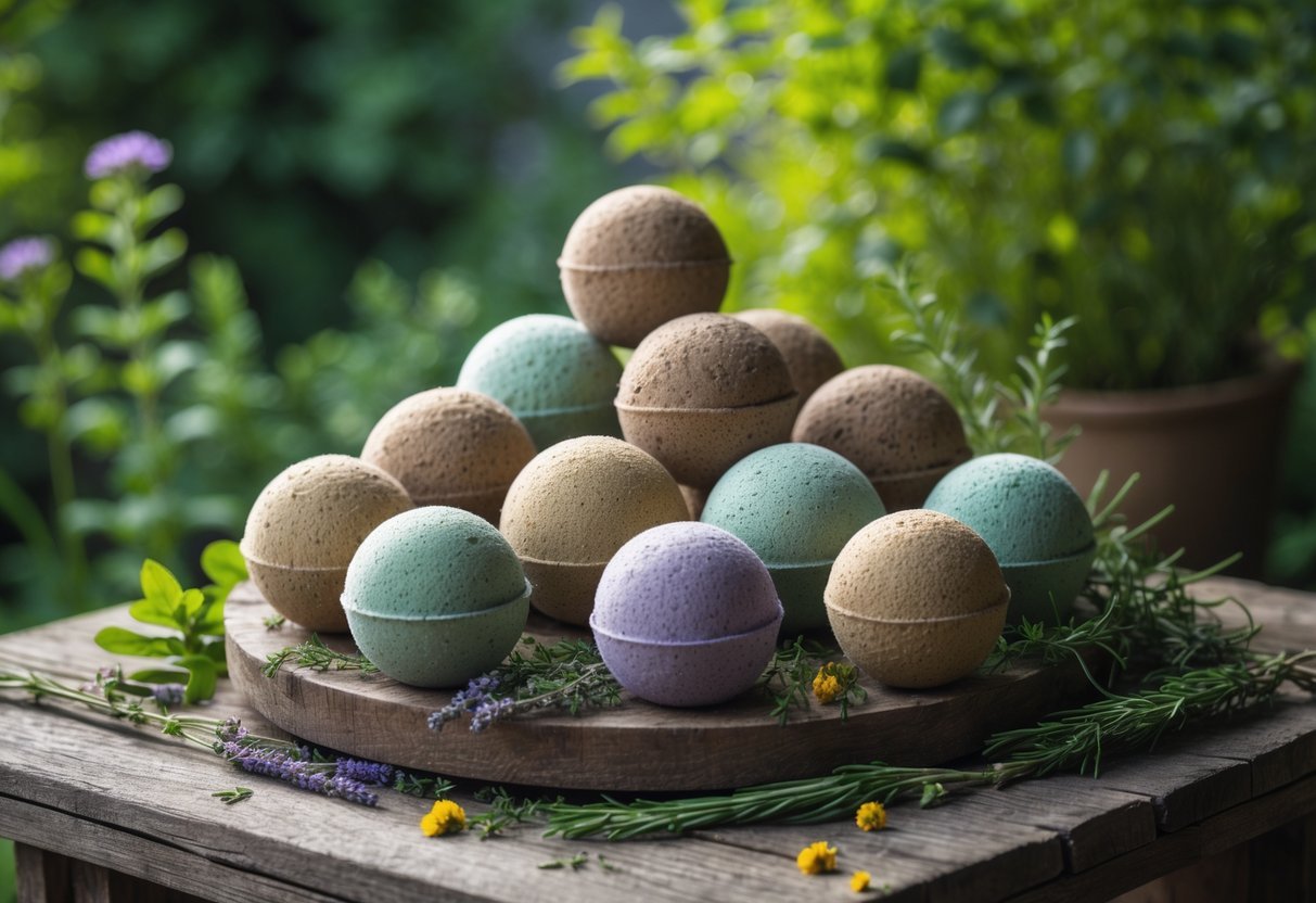 18+ Seed Bomb Garden Ideas: Easy and Effective Ways to Transform Your Yard in the US 20 A collection of colorful aromatherapy seed bombs on a wooden table surrounded by fresh herbs and flowers in a garden setting.
