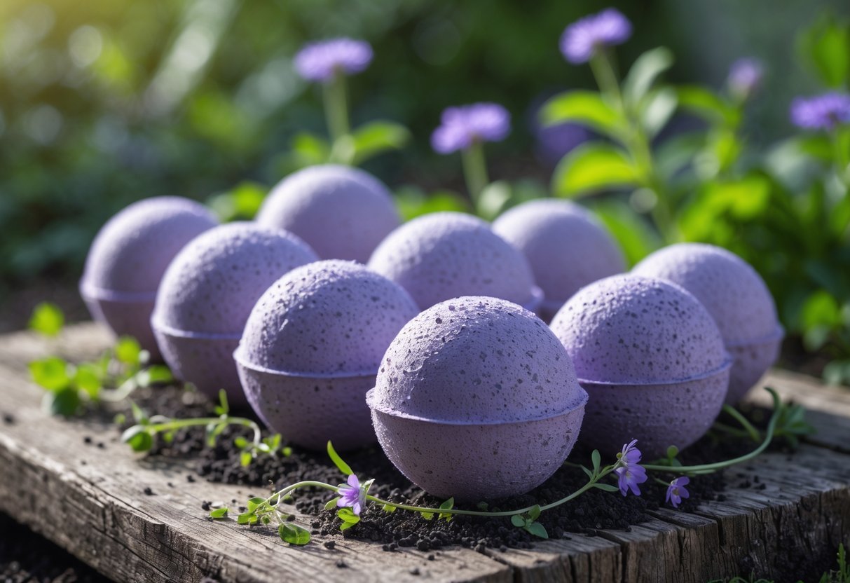 18+ Seed Bomb Garden Ideas: Easy and Effective Ways to Transform Your Yard in the US 21 A collection of purple seed bombs arranged on a wooden surface with green plants and flowers in the background.