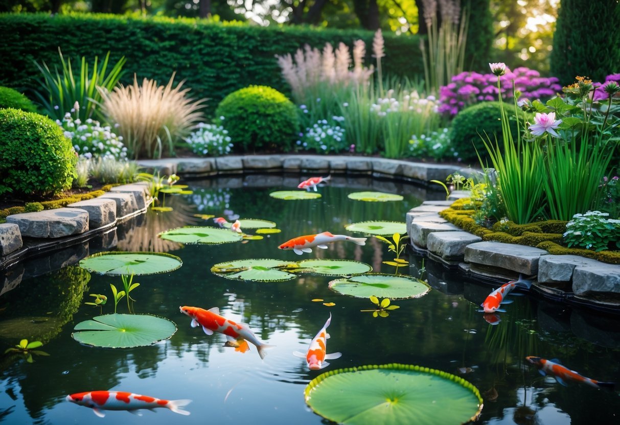 9+ Garden Pond Ideas: Stunning Designs to Transform Your US Backyard 2 A peaceful garden pond with clear water, lily pads, koi fish, and surrounding green plants and flowers.