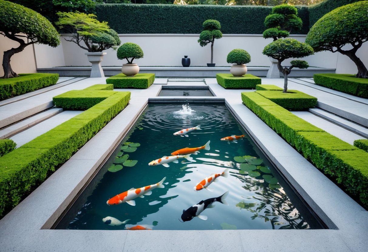 9+ Garden Pond Ideas: Stunning Designs to Transform Your US Backyard 3 A rectangular koi pond with colorful fish, surrounded by trimmed hedges, stone pathways, bonsai trees, and stone lanterns in a garden.