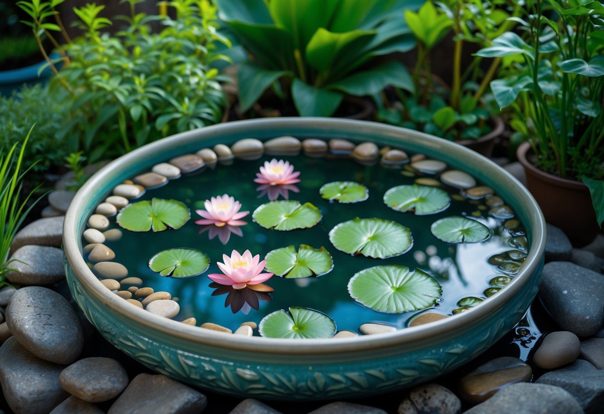 9+ Garden Pond Ideas: Stunning Designs to Transform Your US Backyard 4 A container water garden with aquatic plants and stones in a ceramic pot surrounded by green garden plants.