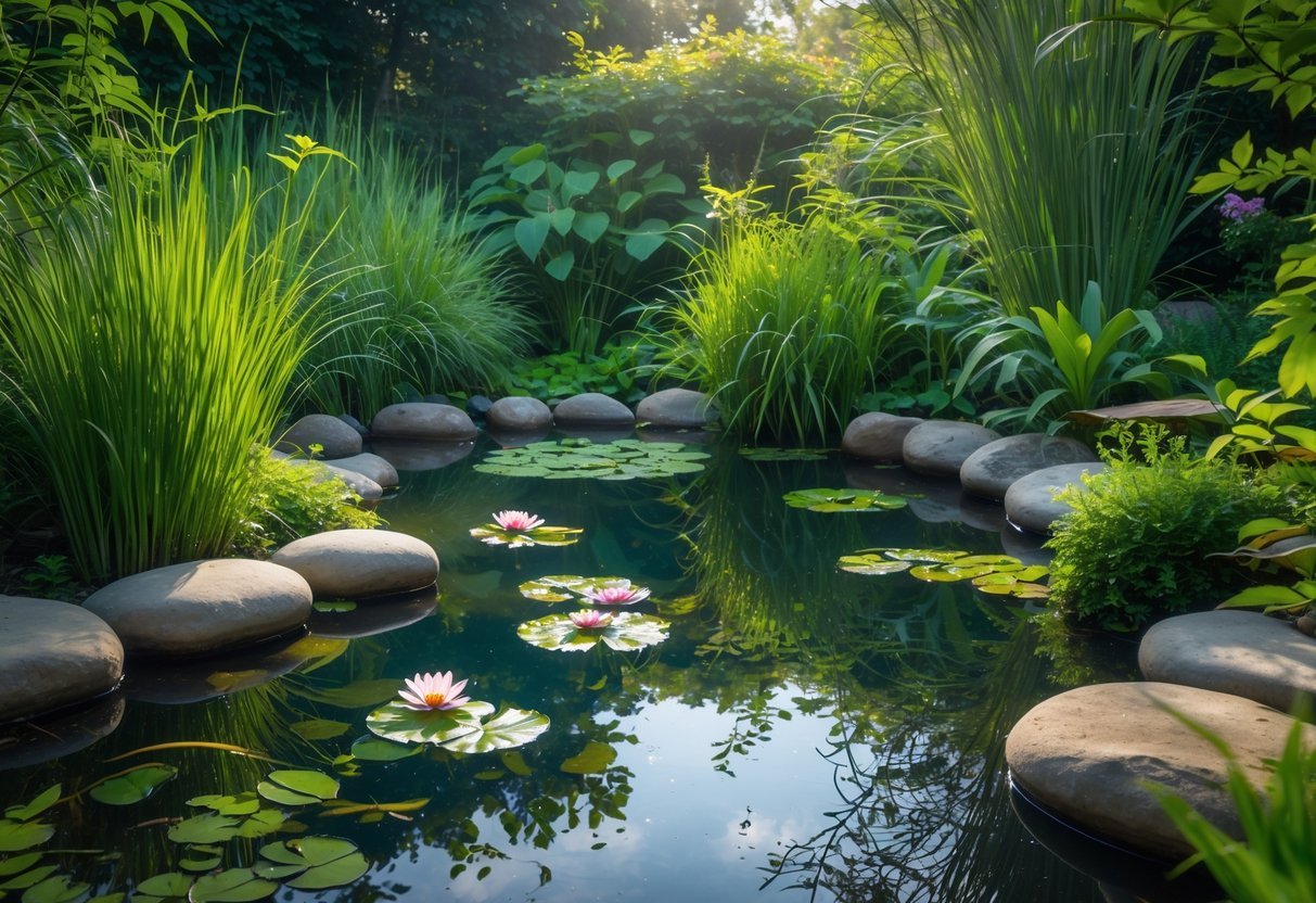 9+ Garden Pond Ideas: Stunning Designs to Transform Your US Backyard 5 A garden pond surrounded by green plants, stones, and water lilies with sunlight filtering through the leaves.
