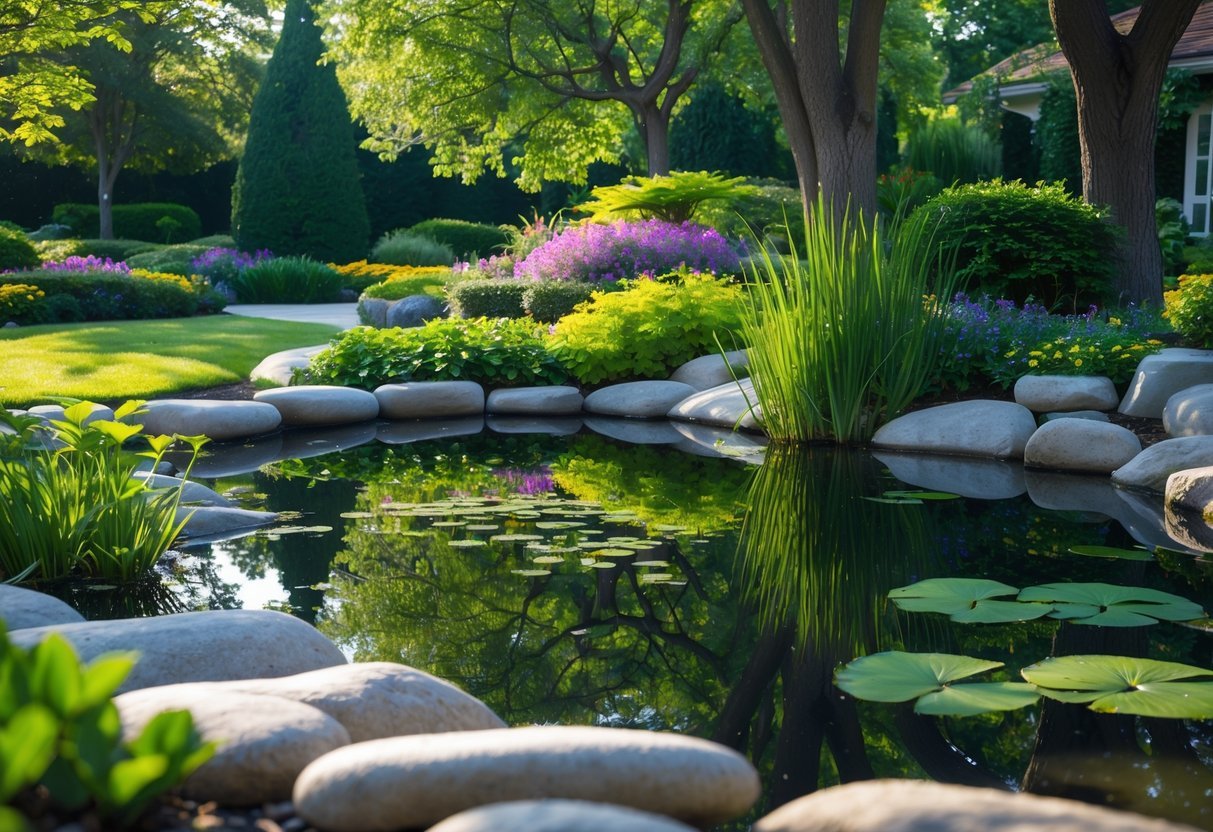 9+ Garden Pond Ideas: Stunning Designs to Transform Your US Backyard 6 A calm garden pond surrounded by green plants, flowers, and trees reflecting on the water surface.