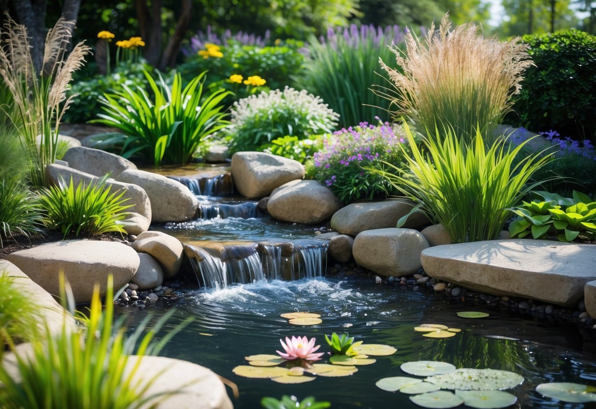 9+ Garden Pond Ideas: Stunning Designs to Transform Your US Backyard 7 A peaceful garden pond with a small stream flowing over rocks surrounded by green plants and flowers.