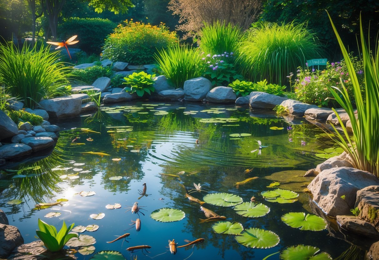 9+ Garden Pond Ideas: Stunning Designs to Transform Your US Backyard 8 A garden pond with clear water surrounded by plants, showing dragonflies, frogs, and fish in a natural setting.